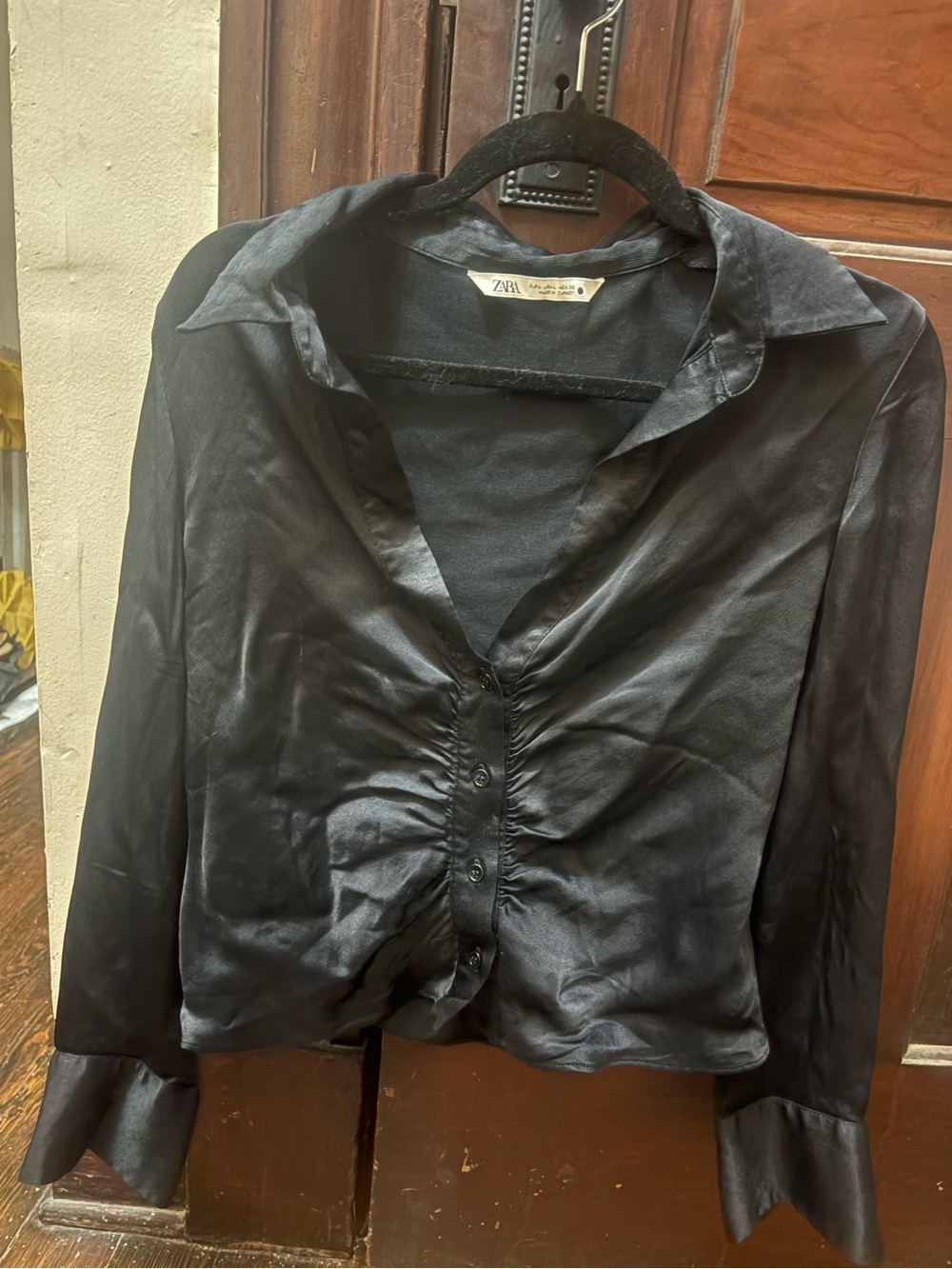Zara Black Satin Button-Front Top